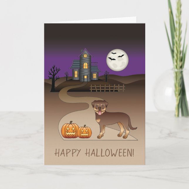 Röd Och Tan Rottweiler Halloween Spökhus Kort (Framsida)