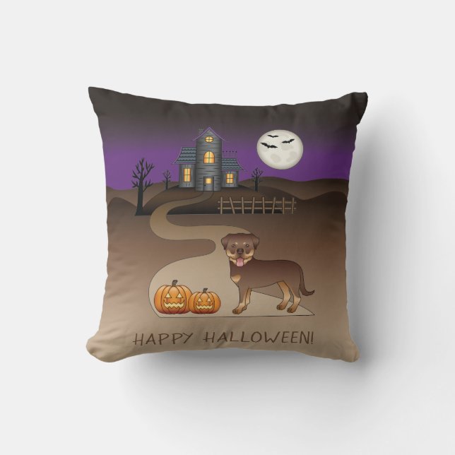 Röd Och Tan Rottweiler Halloween Spökhus Kudde (Framsida)
