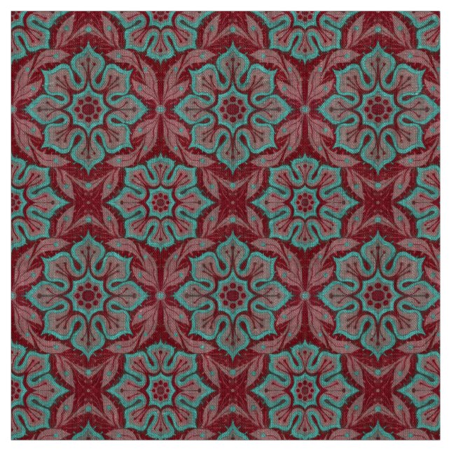 "Röd- och turkosblomma" blommigt arabesque Tyg (Provkarta)