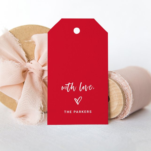 Röd och vit Avslappnad, skript och hjärta med Kärl Presentetikett (A pretty red gift tag for Valentine's Day)