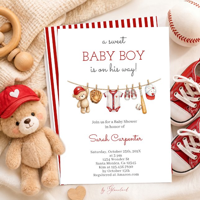 Röd och vit baseboll baby shower pojke inbjudan (Skapare uppladdad)