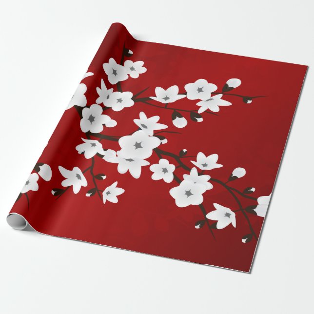 Röd och vit blommande körsbärsblomma presentpapper (Utrullad)