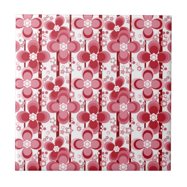 Röd och vit blommig mönster kakelplatta (Framsidan)