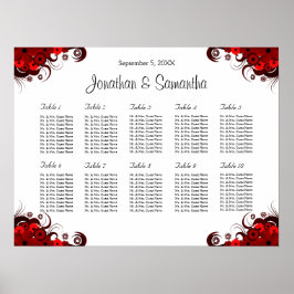 Röd och vit Blommigt 10 Bröllop Bord-sittdiagram Poster