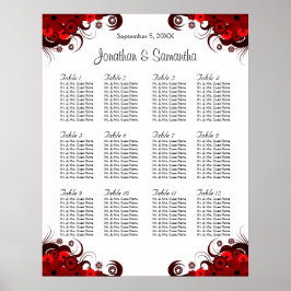 Röd och vit Blommigt 12 Bröllop Bord sittdiagram Poster