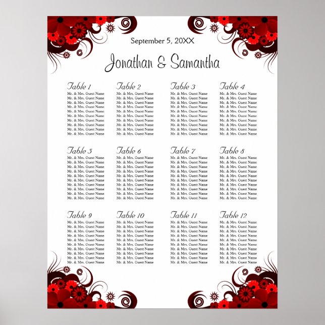 Röd och vit Blommigt 12 Bröllop Bord sittdiagram Poster (Framsidan)