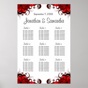 Röd och vit Blommigt 9 Bröllop Bord sittkartor Poster