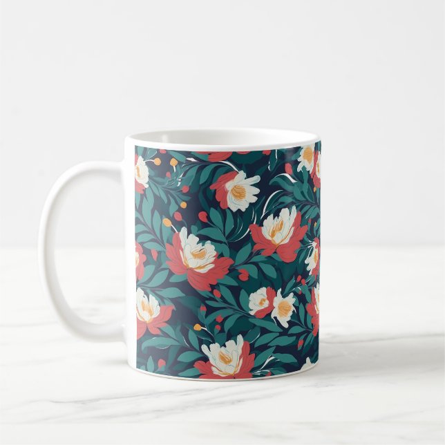 Röd och vit Blommigt Kaffemugg (Vänster)