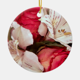 Röd och vit blommigt lycka julgransprydnad keramik