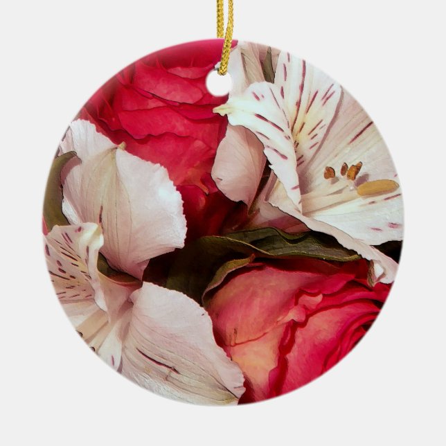 Röd och vit blommigt lycka julgransprydnad keramik (Framsidan)