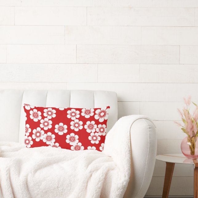 Röd och vit blommigt mönster lumbarkudde (Soffa)