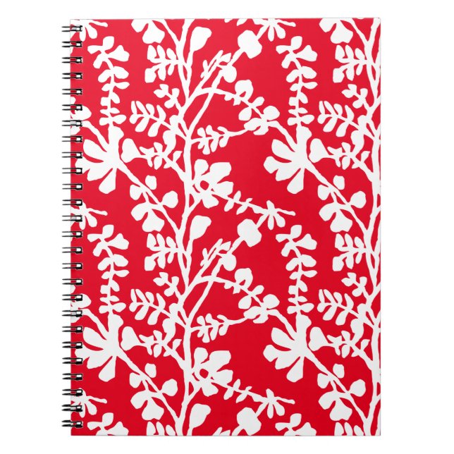 Röd och vit Blommigt som repeterar Mönster Anteckningsbok (Framsidan)