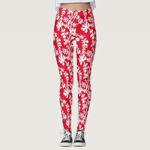 Röd och vit Blommigt som repeterar Mönster Leggings