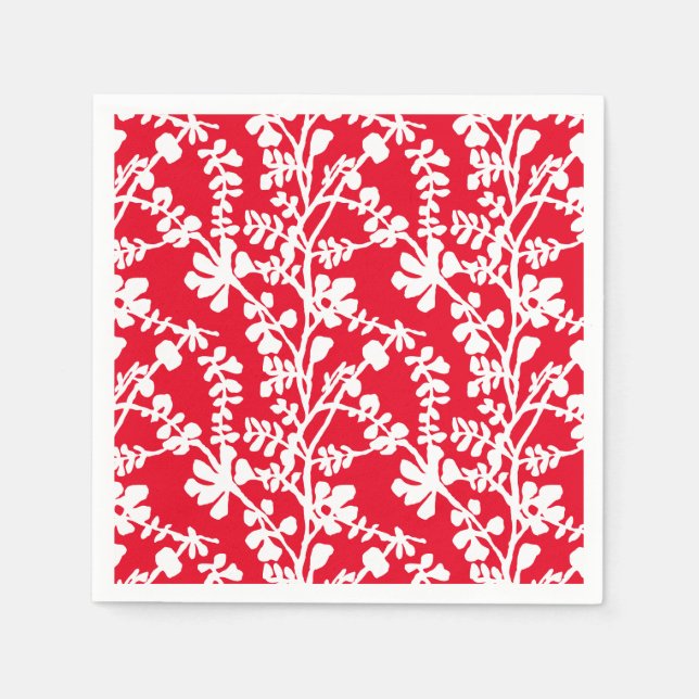 Röd och vit Blommigt som repeterar Mönster Pappersservett (Framsidan)