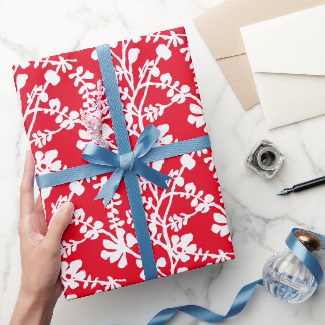 Röd och vit Blommigt som repeterar Mönster Presentpapper (Gifting)