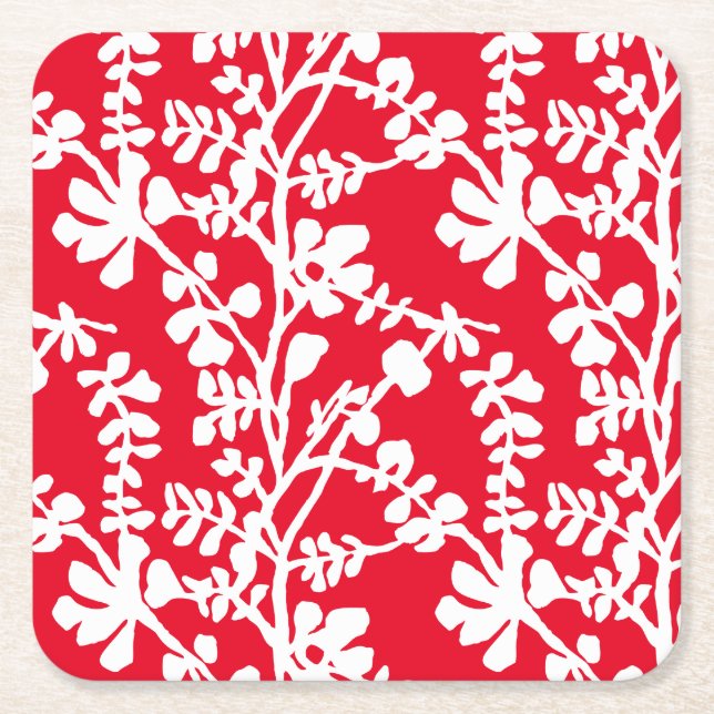 Röd och vit Blommigt som repeterar Mönster Underlägg Papper Kvadrat (Framsidan)