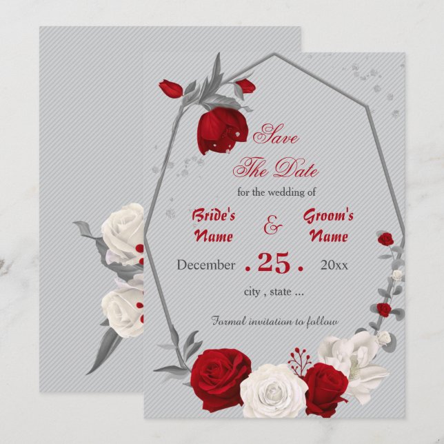 röd och vit blommor - geometri spara datumet inbjudningar (Fram/baksida)