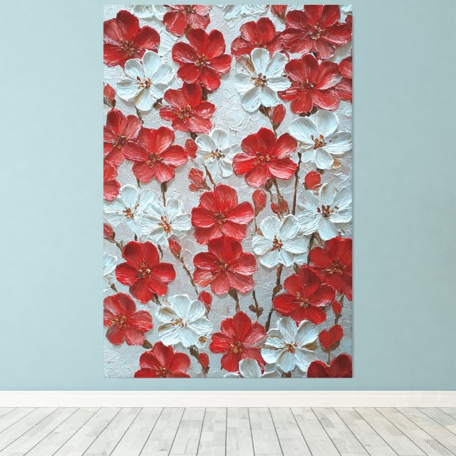 Röd och vit blomsterimpaasto-väggkonst canvastryck (Insitu (trägolv))