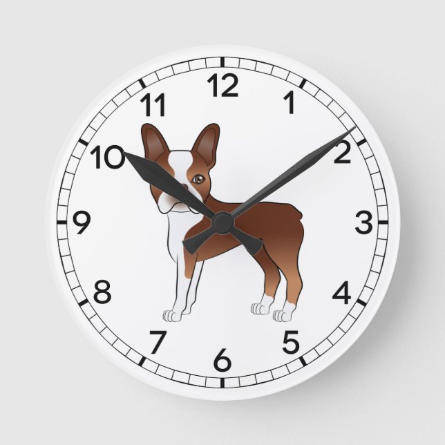 Röd Och Vit Boston Terrier Hund Illustration Rund Klocka (Framsida)