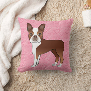 Röd och vit Boston Terrier hund på rosa hjärtan Kudde