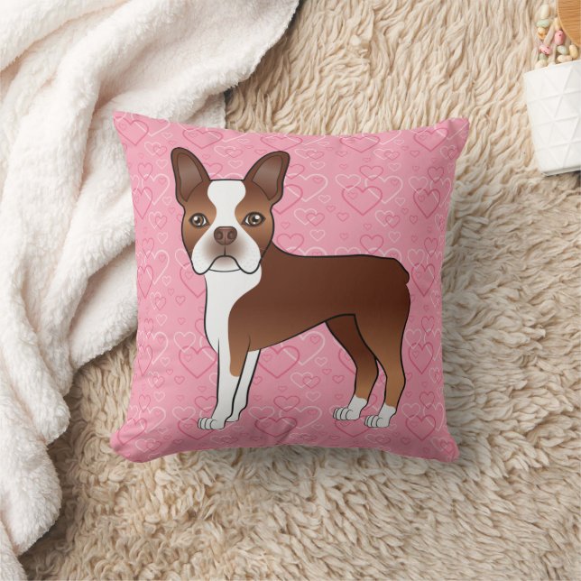 Röd och vit Boston Terrier hund på rosa hjärtan Kudde (Filt)