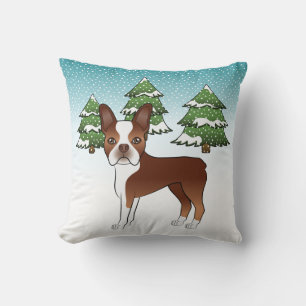 Röd och vit Boston Terrier i en vinterskog Kudde
