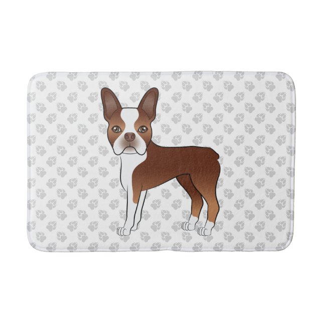 Röd Och Vit Boston Terrier Tecknad Hund & Tassar Badrumsmatta (Framsidan)
