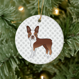 Röd Och Vit Boston Terrier Tecknad Hund & Tassar Julgransprydnad Keramik