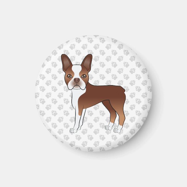 Röd Och Vit Boston Terrier Tecknad Hund & Tassar Magnet (Framsidan)