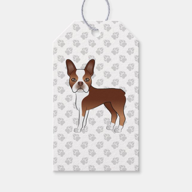 Röd Och Vit Boston Terrier Tecknad Hund & Tassar Presentetikett (Framsidan)