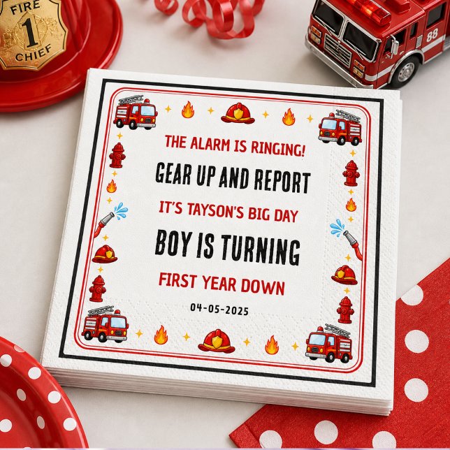Röd och Vit Brandbil 1-års Födelsedagsfest Pappersservett (Red and White Firetruck 1st Birthday Party paper napkins)