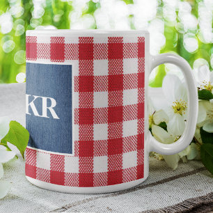 Röd och vit buffalo-kontroll Blue Denim Monogram 1 Kaffemugg