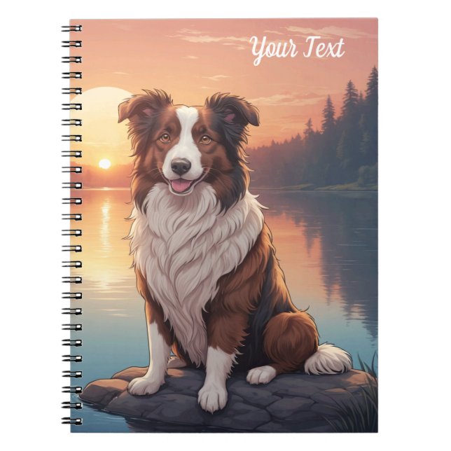 Röd och vit collie vid sjö anteckningsbok (Framsidan)