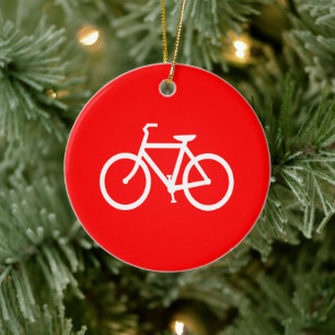 Röd och vit cykelgrafik julgransprydnad keramik