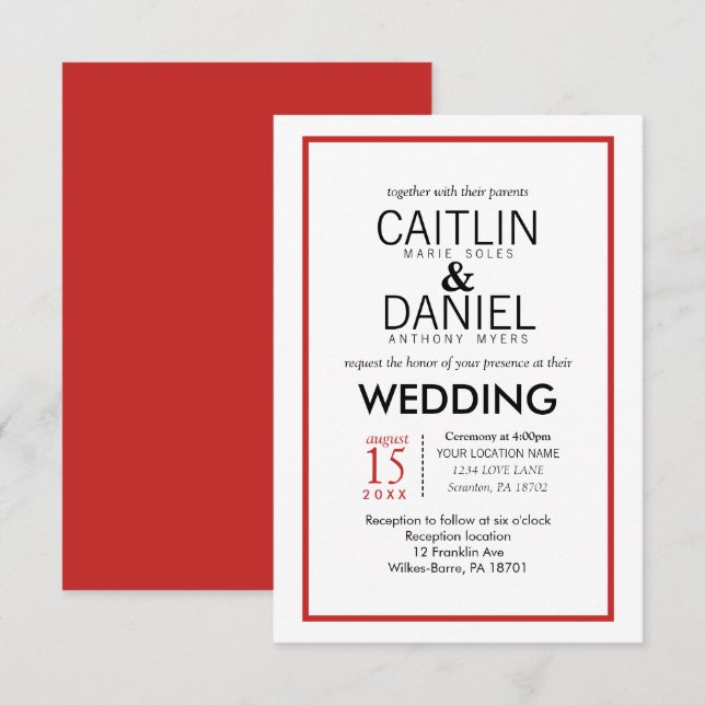 Röd och vit enkel inbjudan till Gräns-bröllop (Fram/baksida)