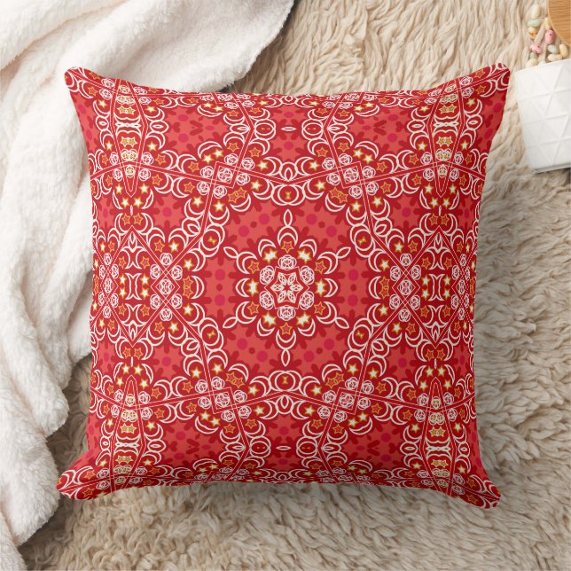 Röd och vit etnisk boho-ornament rustik  kudde (Filt)
