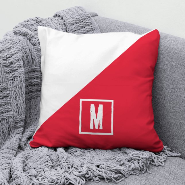 röd och vit färgblock Anpassade monogram initialer Kudde (Skapare uppladdad)