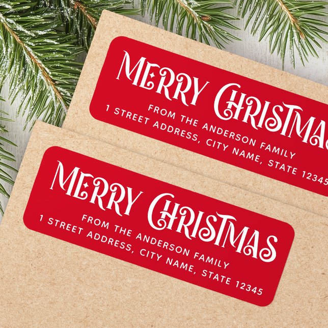 Röd och vit festive God jul returadress Returadress Etikett (Red & white festive Merry Christmas return address Label)
