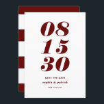 Röd och vit fetkursiv stil, modern spara datumet<br><div class="desc">Modern Red Bold Date Typography Spara datum meddelande | Ett anpassade sparar det platta datumkortet med fet och minimal typografi. Den här snyggten röd och vit spara datumkortet är perfekt för alla bröllop-teman och alla årstider.</div>