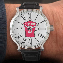 Röd och vit fotboll med romerska siffror. armbandsur