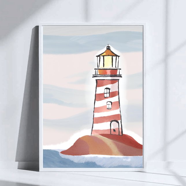 Röd och vit fyr | Strand Ocean Akvarell Poster (Skapare uppladdad)