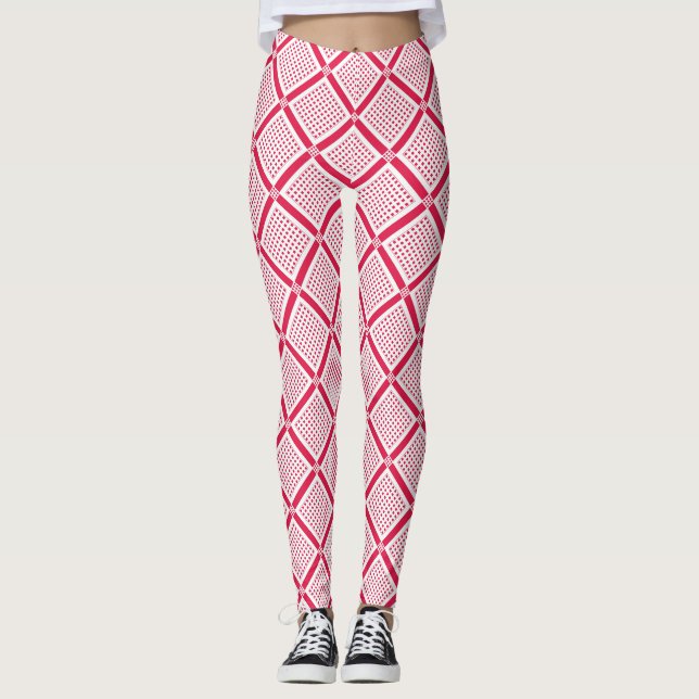 Röd och vit geometrisk rutig mönster retro leggings (Framsida)
