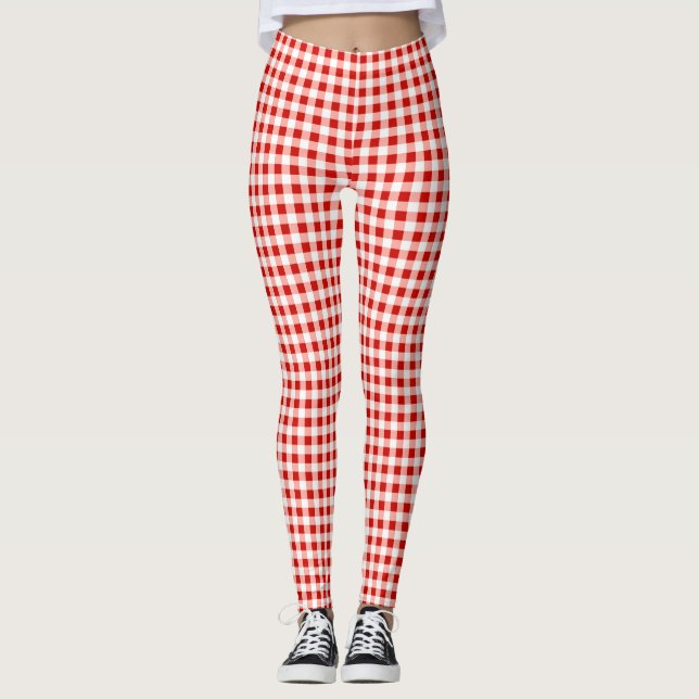 Röd och vit Gingham Pached Skriv ut Leggings (Framsida)