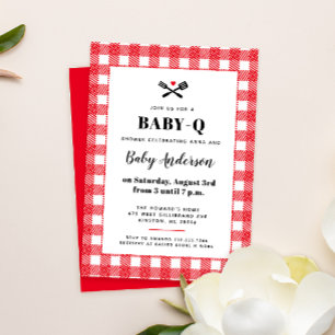 Röd och vit Gingham Plaid Grillfest Baby Shower Inbjudningar