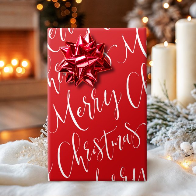 Röd och vit God jul-Helgdag Presentpapper (Red And White Merry Christmas Calligraphy Holiday Wrapping Paper)