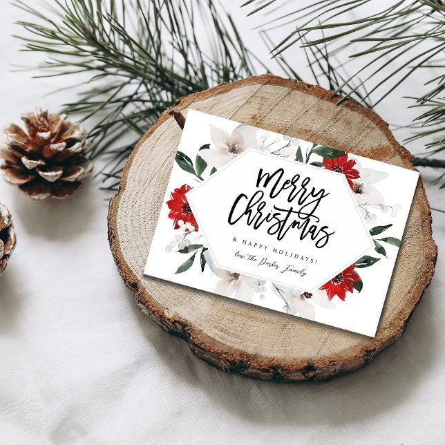 Röd och vit God jul-kort för Blommigt Inbjudningar (Skapare uppladdad)