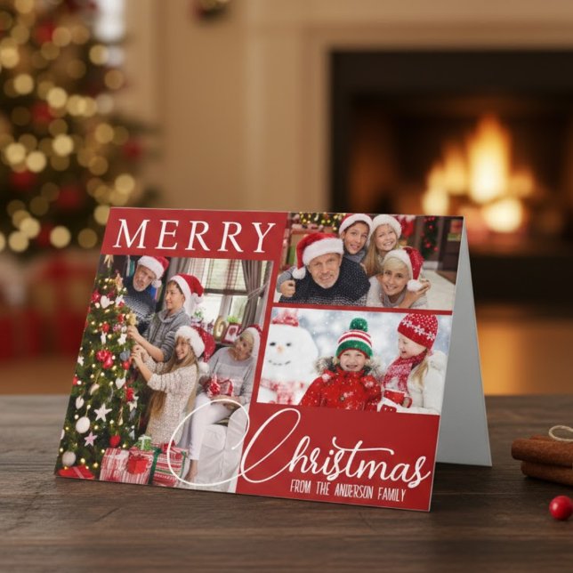 Röd och vit God jul tre foto Classic Helgkort (Red And White Merry Christmas Three Photo Classic Holiday Card)