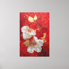 Röd och vit guld blommande abstrakt väggkonst canvastryck