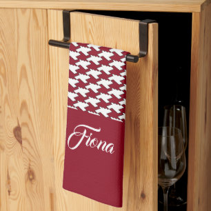 Röd och vit houndstooth mönster monogram kökshandduk