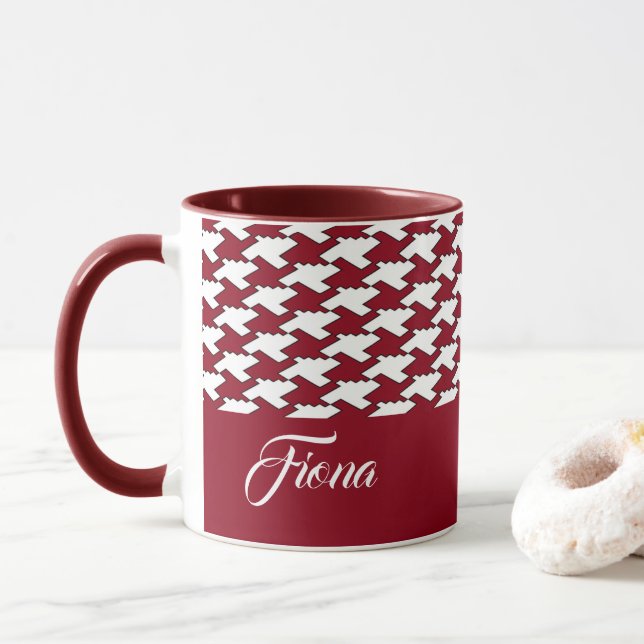 Röd och vit houndstooth mönster monogram mugg (Med munk)